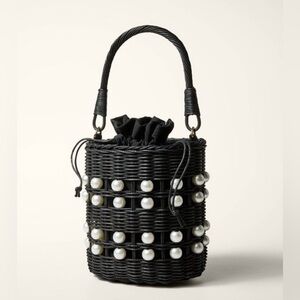 Kate Spade X Target Pearl Embellished Black Bucket Drawstring WovenBag Purse NWT